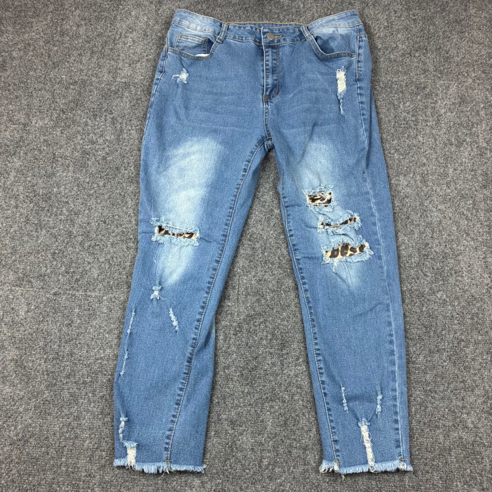 Womens XL Distressed Leopard Print Patch Skinny Jeans Blue Denim Raw Hem Frayed